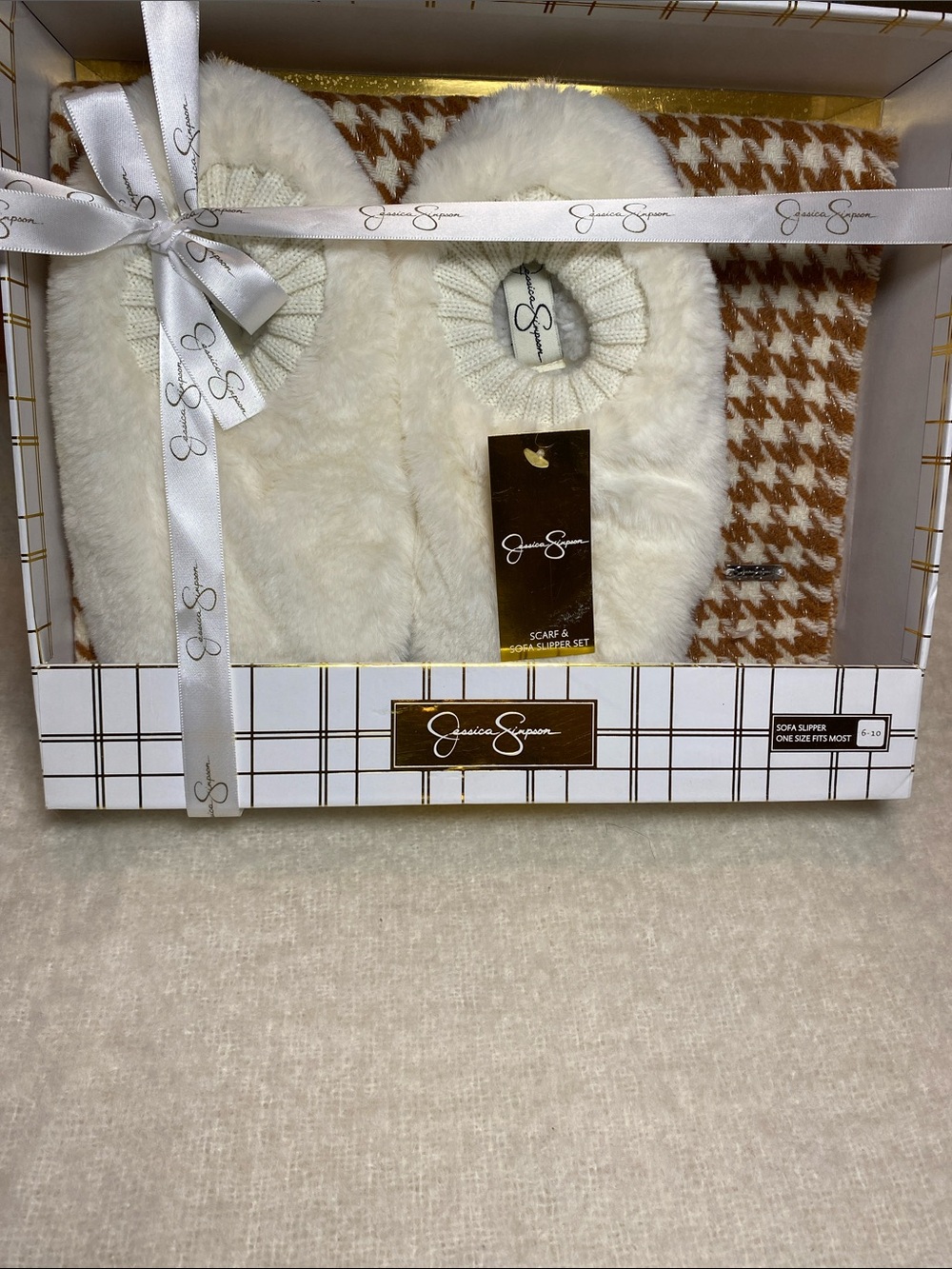 Jessica Simpson Ivory Faux Fur Slipper & Houndstooth Scarf Set